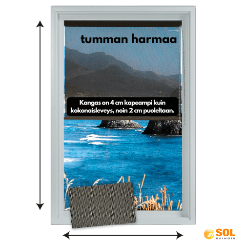 Tumman harmaa screen rullaverho kangas ikkunassa