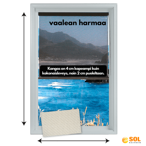 Vaalean harmaa screen rullaverho kangas ikkunassa